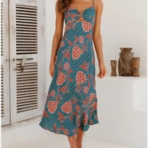 Princess Polly Teal and Red Floral Midi Dress